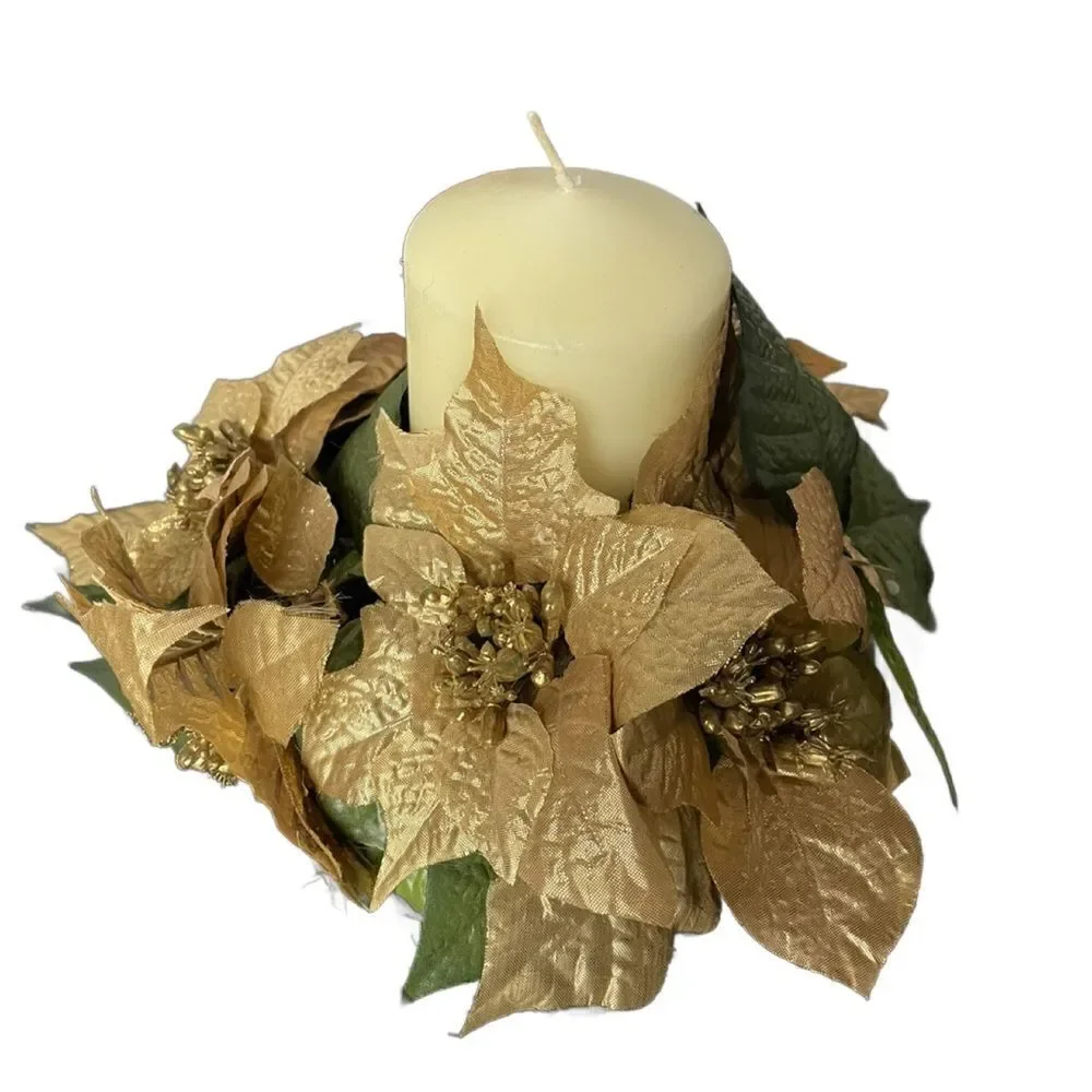 Gold Poinsettia & Green Leaf Circular Holiday Candle Holder w/Large Candle
